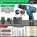 12V two-speed impact pistol drill and electric screwdriver set in a plastic storage box