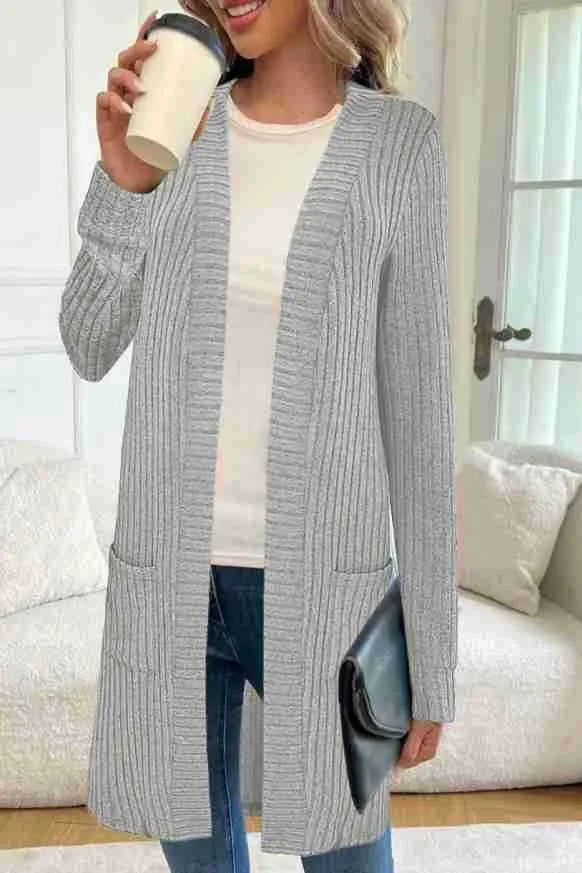 Long sleeve loose pocket cardigan jacket in polyester, shown in black, wine red, or grey.
