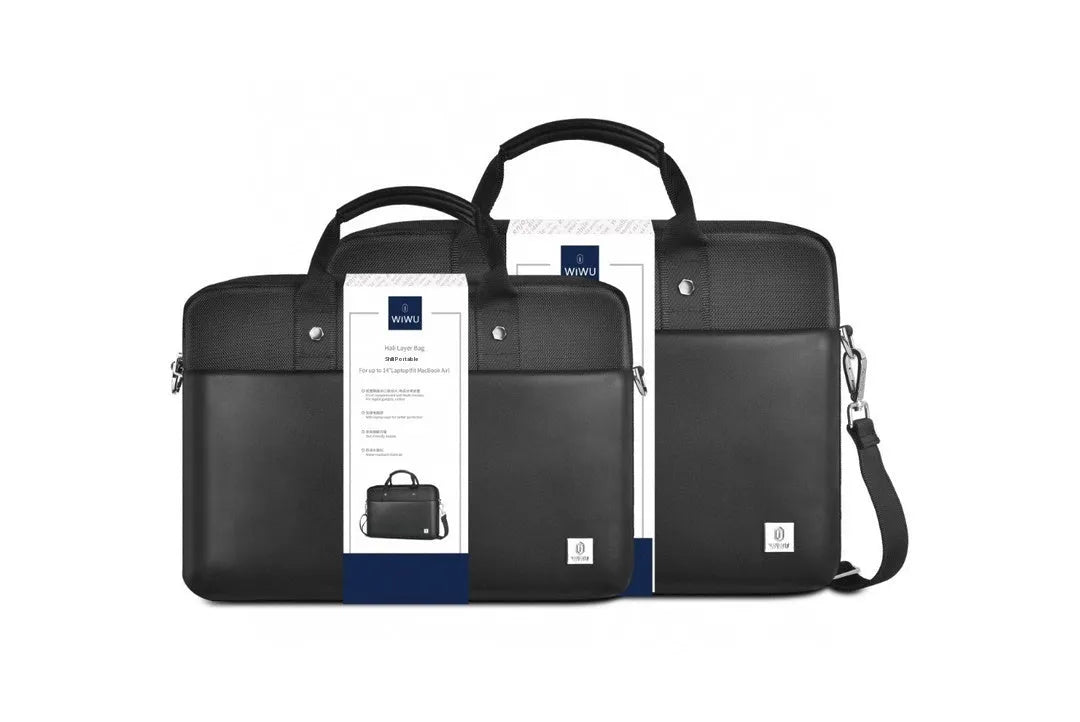Black Oxford cloth laptop handbag with multiple internal pockets and a separate padded compartment for a 14 or 15.6 inch device.
