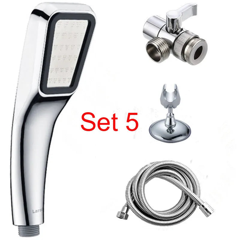 Orange hand-held rain shower set with pressurised function showing shower head and connection