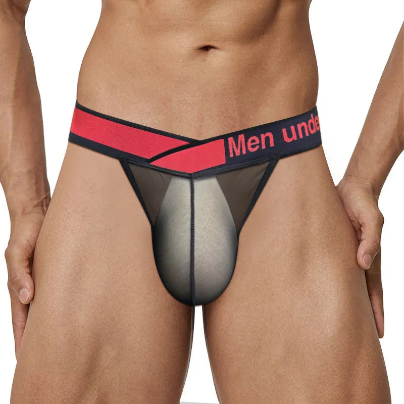 Men's transparent ice silk briefs with large V gradient high fork in red, black, or white colours