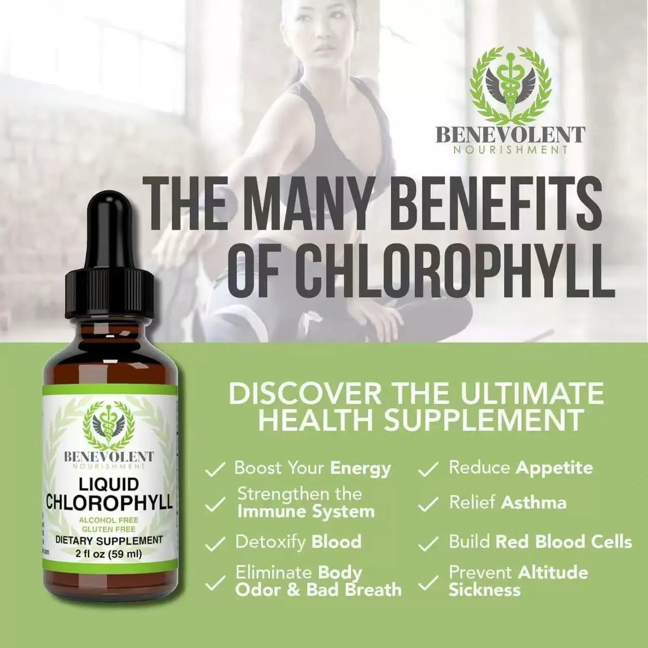 60ml bottle of liquid chlorophyll drops supplement for adult intestinal care and natural body odor support