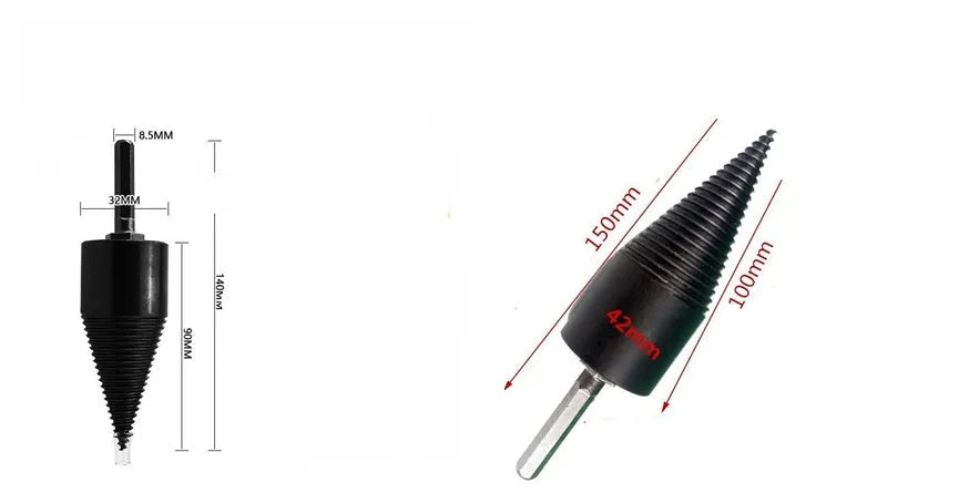 Hexagon wood splitting drill bit for electric hand drills with cone-shaped firewood-breaking tip