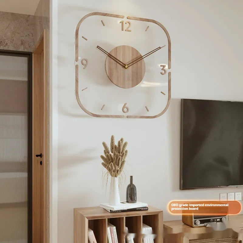 Square transparent wooden frame wall clock measuring 35x35cm with modern design