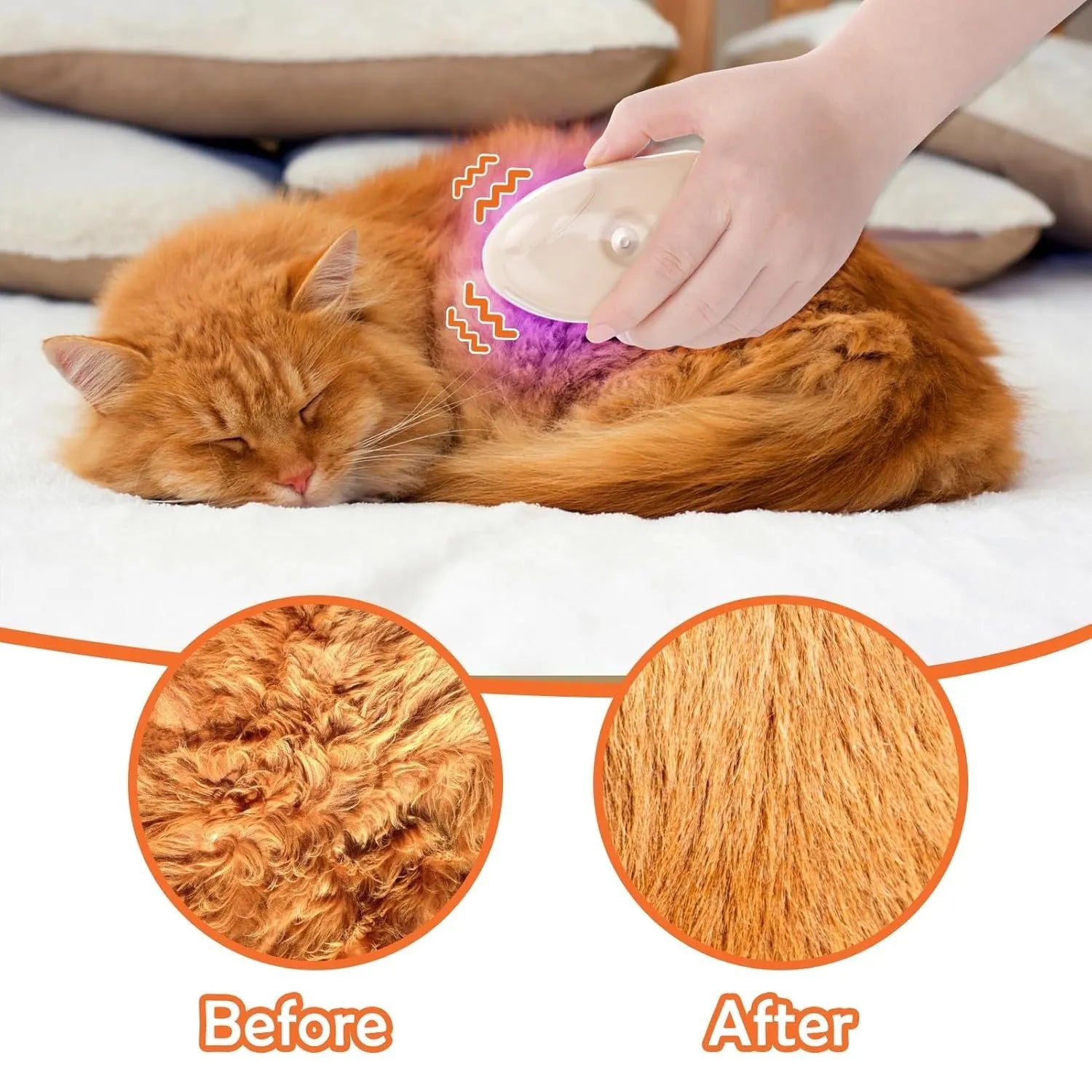 Yellow USB rechargeable cat grooming brush with steam spray, massage, and ringworm detection lamp.