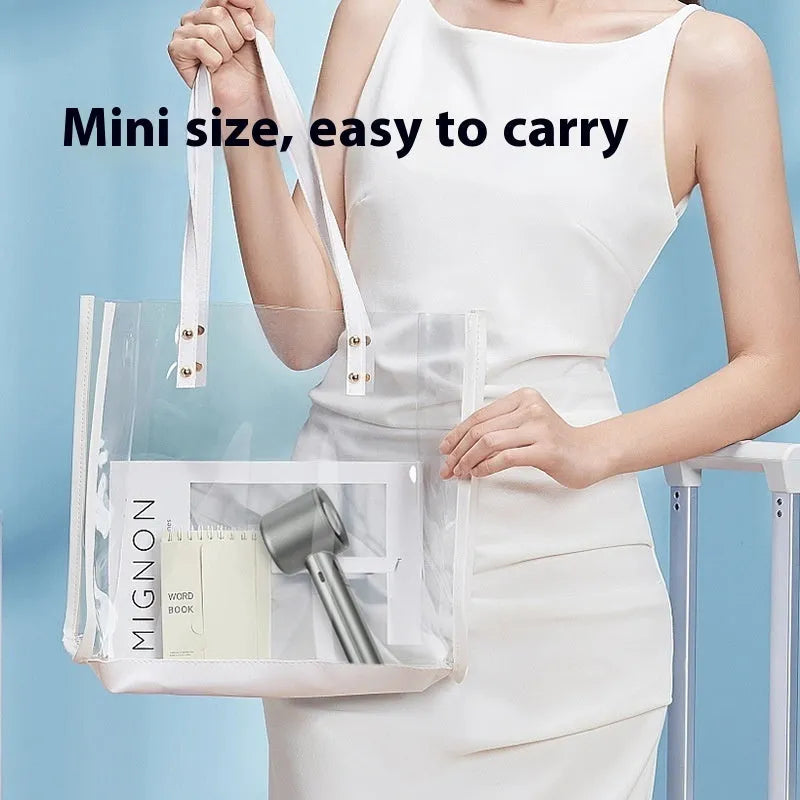 Handheld personal fan showing variable speed control, USB charging port, and plastic blades in one of four colour options