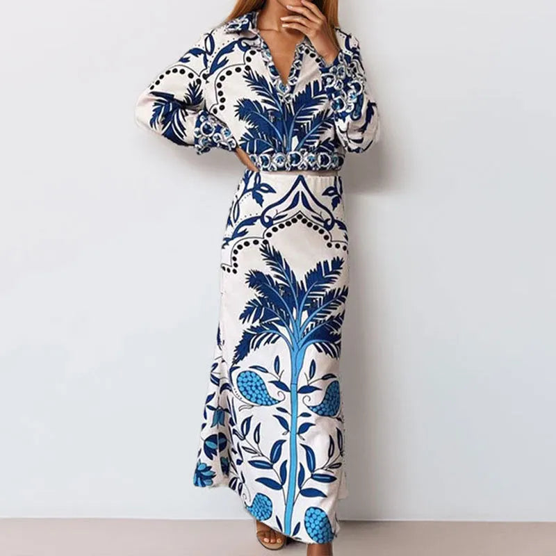 Women's floral print casual set with long sleeve top and long matching skirt.