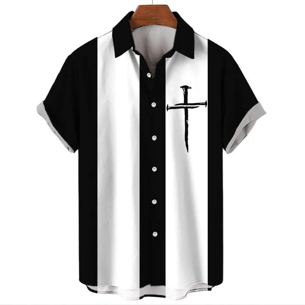 Men's stripe pattern Hawaiian shirt with short sleeves and button fastening in cardigan style