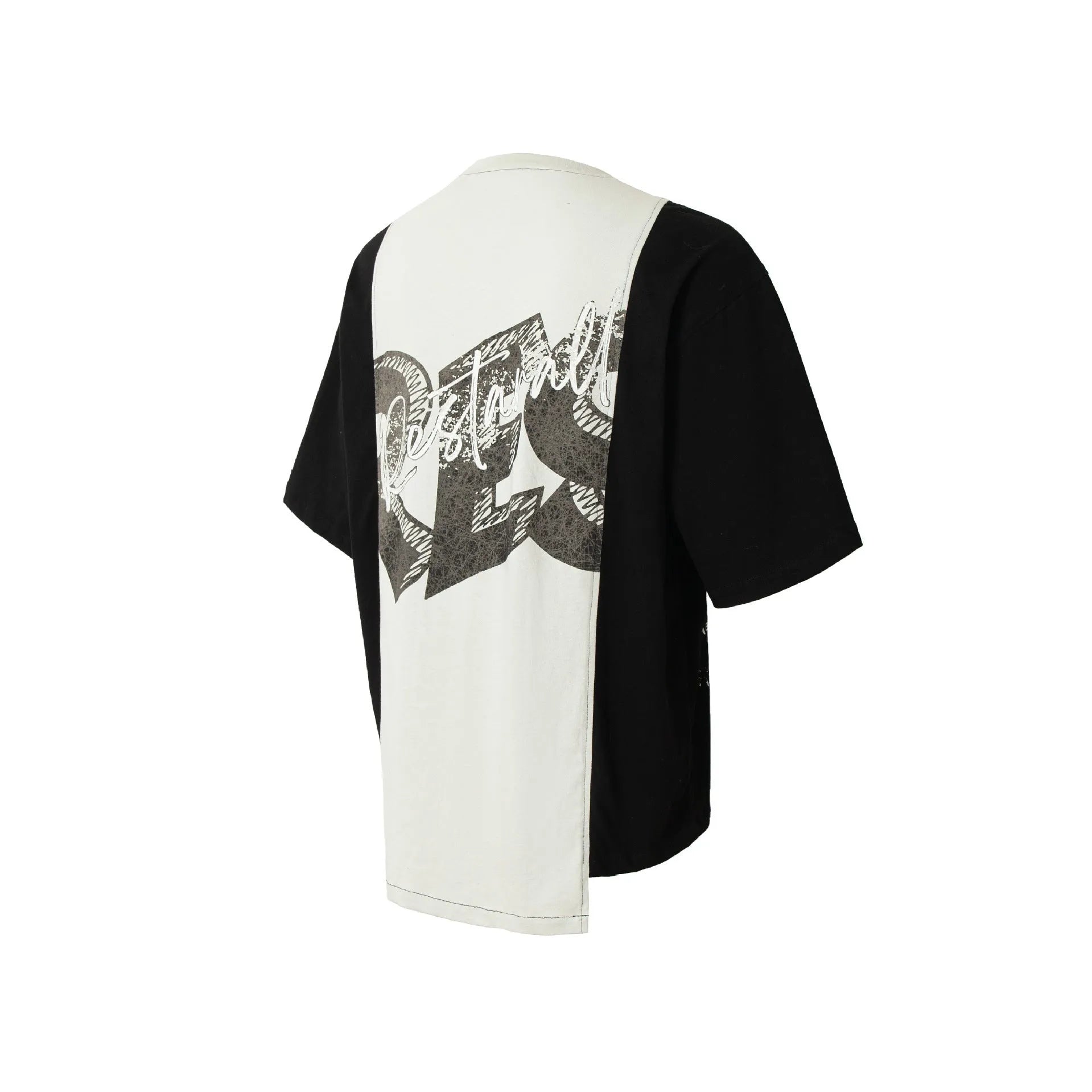 Black and white broken collage deconstruction print on a men's loose fit cotton blend t-shirt.