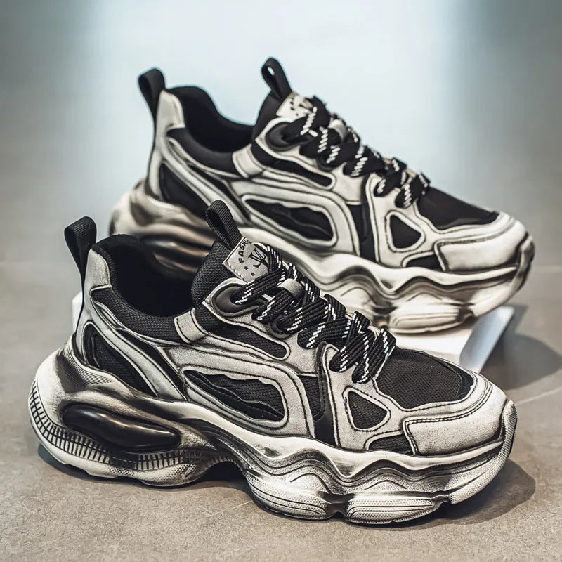 Men's black mesh sneakers with platform heel, rubber sole, and lace-up closure for sports and casual wear