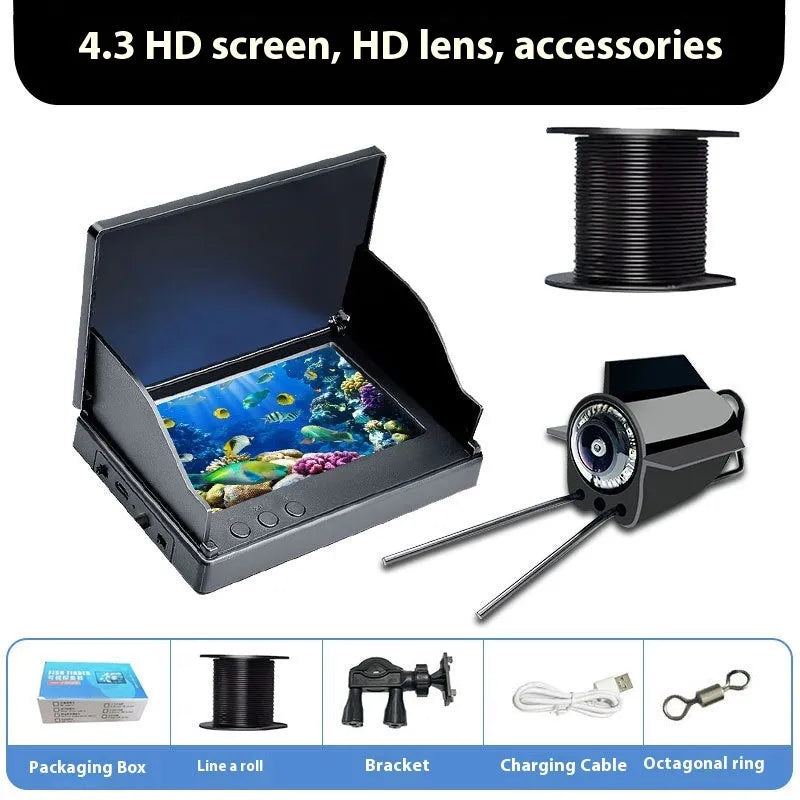 Underwater fishing finder camera with 4.3-inch screen, LED lights, and long cable for boat or ice fishing.