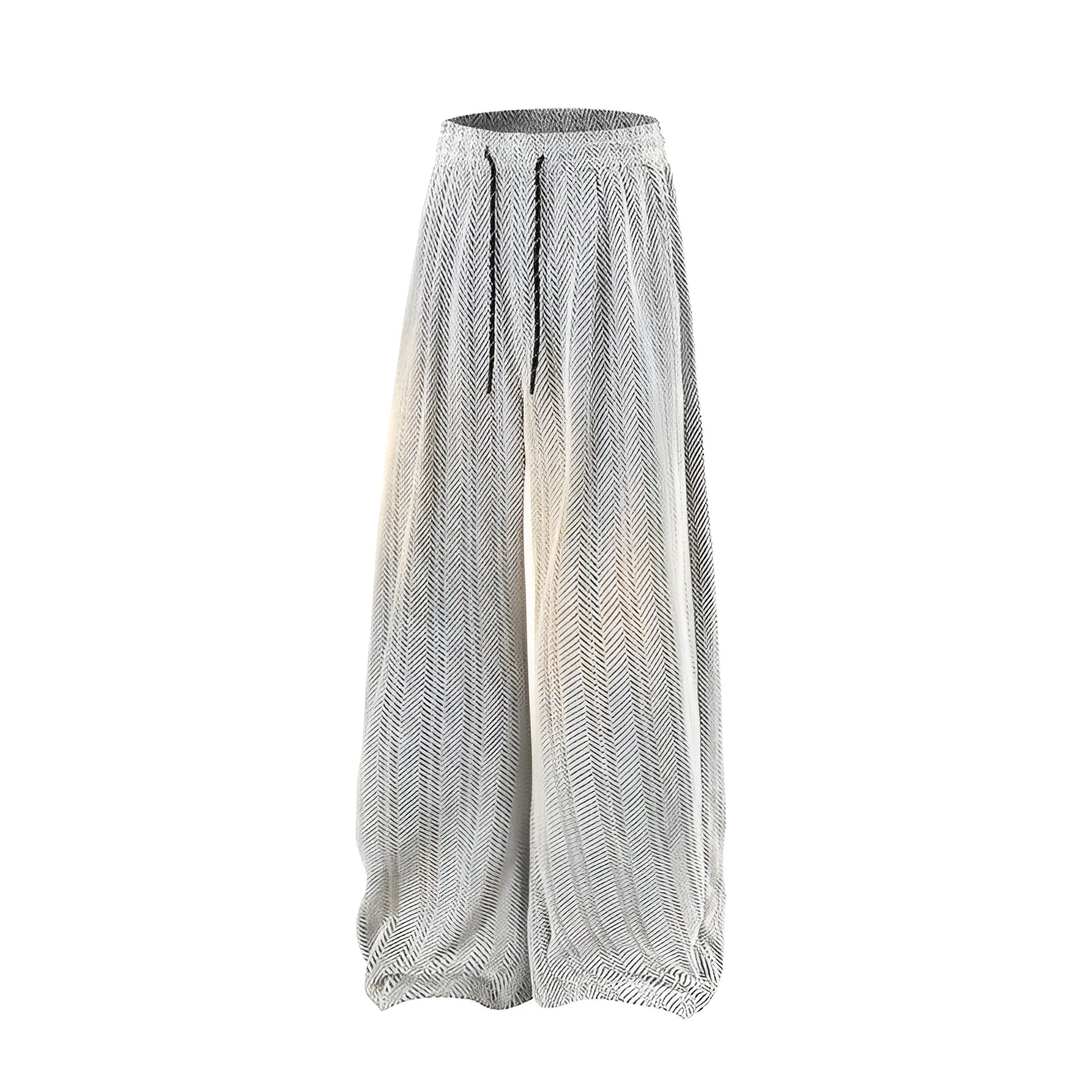 Fleece-lined straight-leg hollow-out trousers in light gray on a hanger, showing elastic waistband and textured fabric.