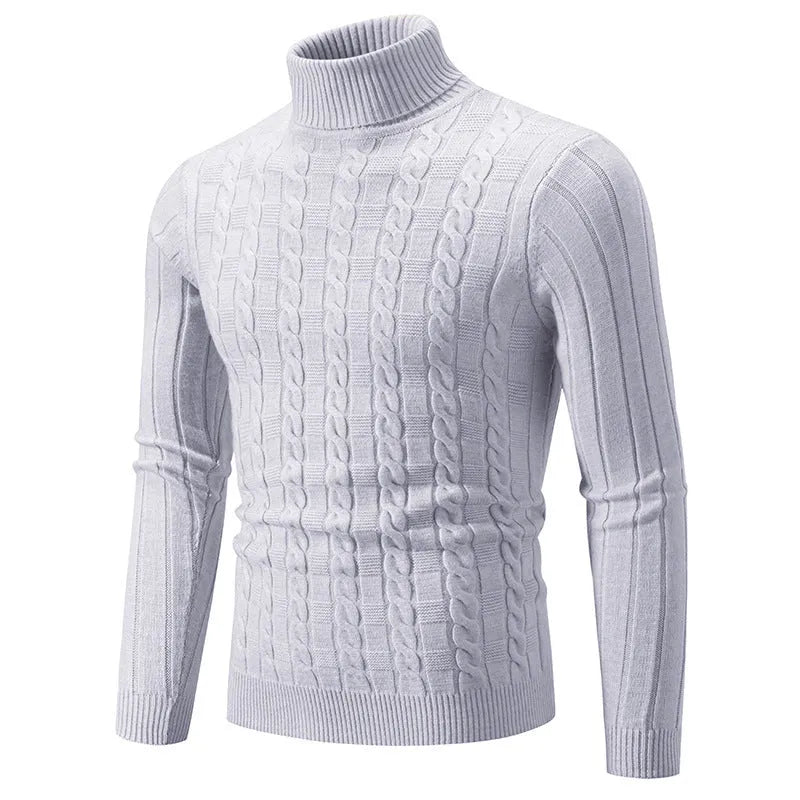 Men's slim fit chenille turtleneck pullover sweater in milky white colour