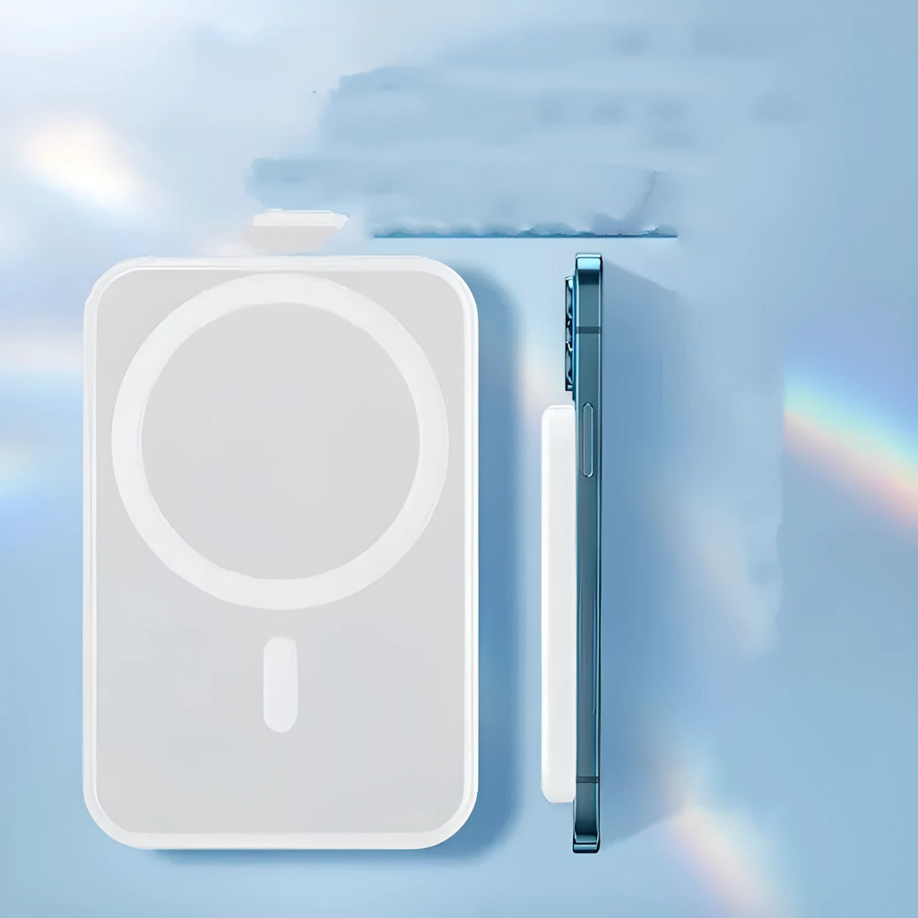 White magnetic wireless charger power bank with creative design showing dimensions 100x65mm
