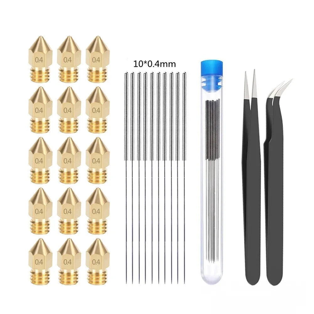 Brass MK8 nozzle and stainless steel cleaning pin for 3D printer maintenance.