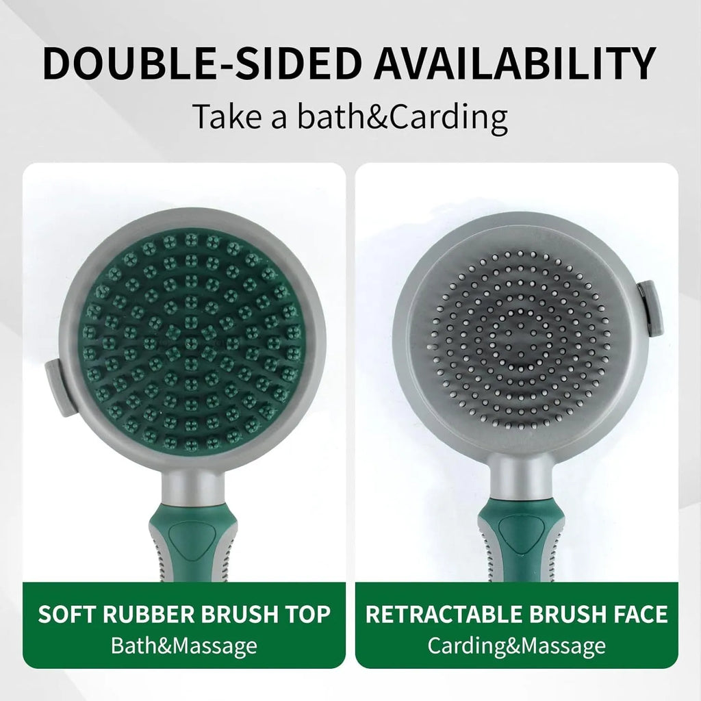 Green and pink 2-in-1 silicone cat grooming brush showing slicker brush and massage heads