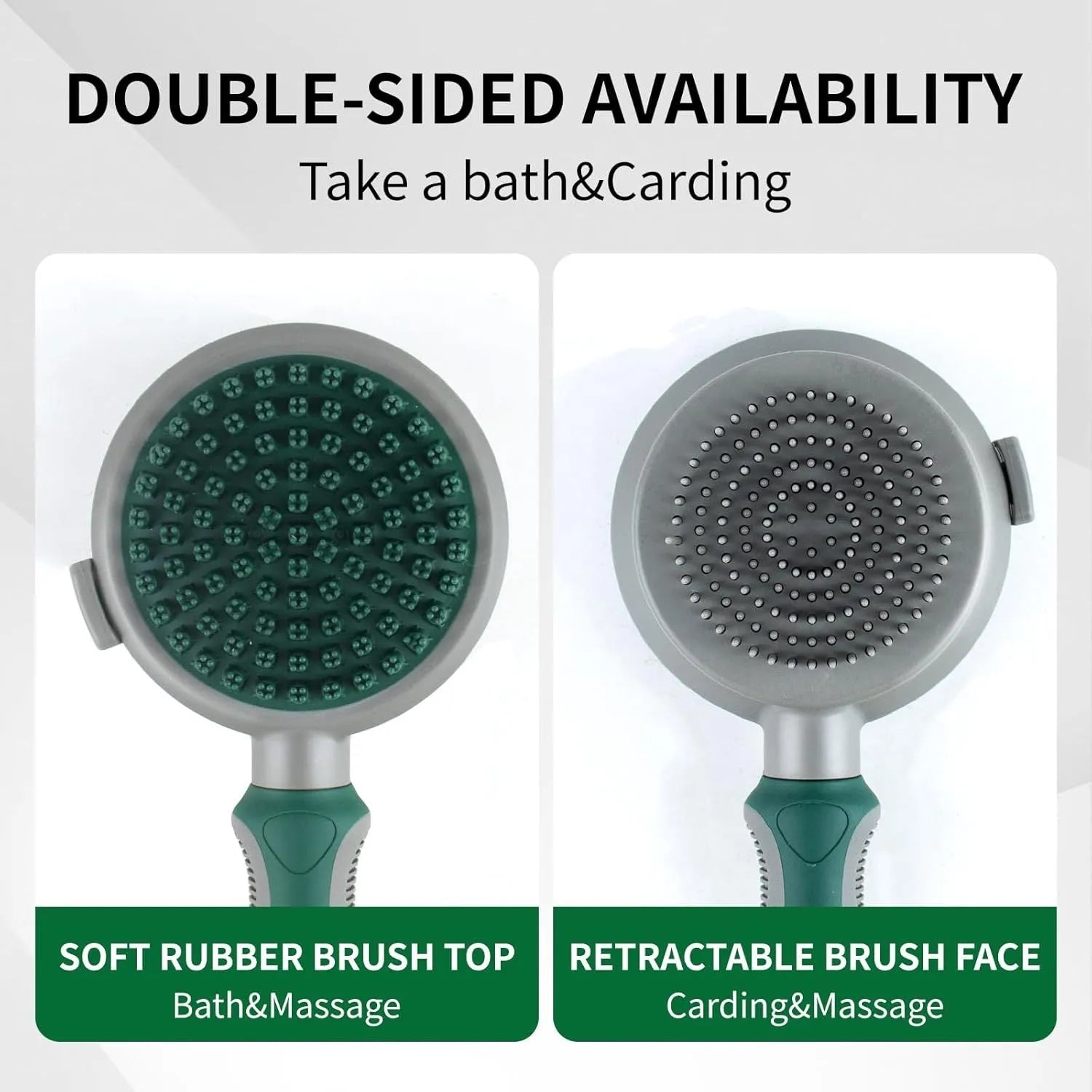 Green and pink 2-in-1 silicone cat grooming brush showing slicker brush and massage heads
