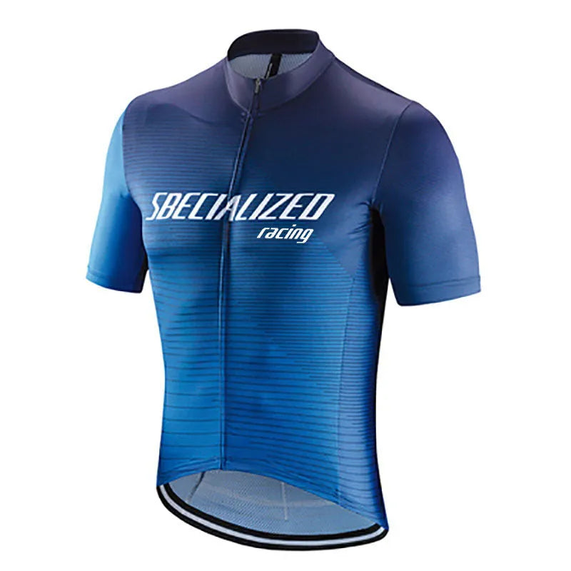 Men's summer mountain bike jersey suit with gel pad in multi-colour design on black background