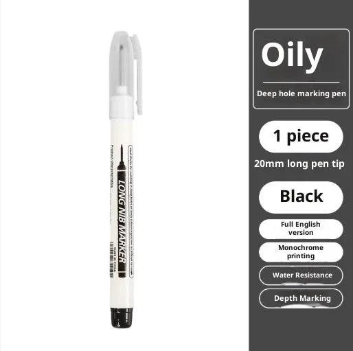 Multi-color deep hole marking pen with 20mm long tip on metal surface showing black ink mark