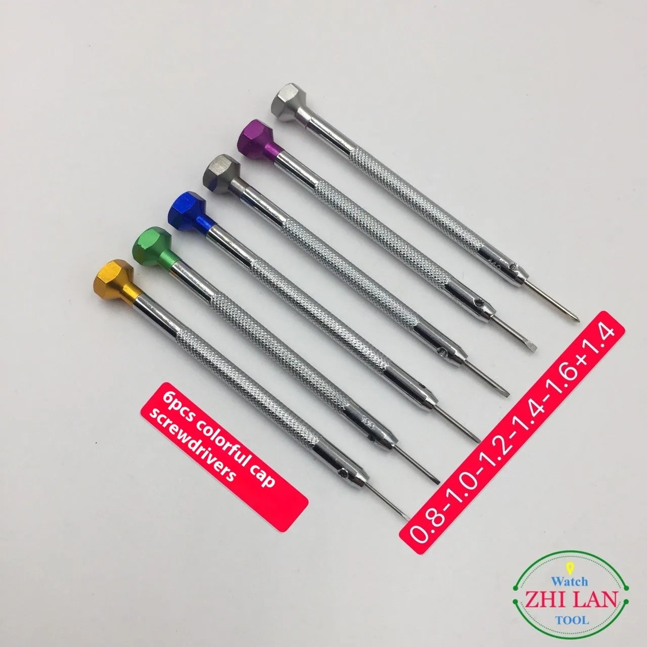 Six colour-coded aluminium handle screwdrivers for watch repair with meter repair tool