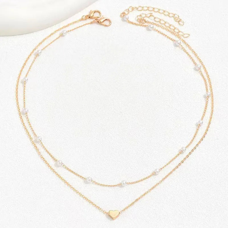 Gold alloy heart shape twin pearl pendant necklace on pearl chain for women, ins style, adjustable 31-40cm