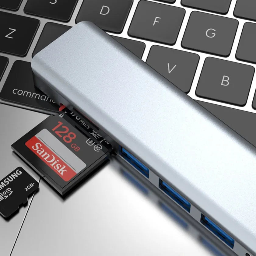 Seven-port Type-C USB expander hub with HDMI, USB ports, SD slots, and 0.145m cable for laptop connectivity