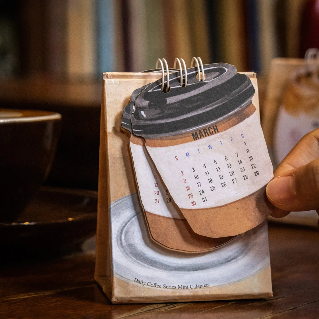 Mini 2025 desk calendar showing Coffee Time design with simple modern style