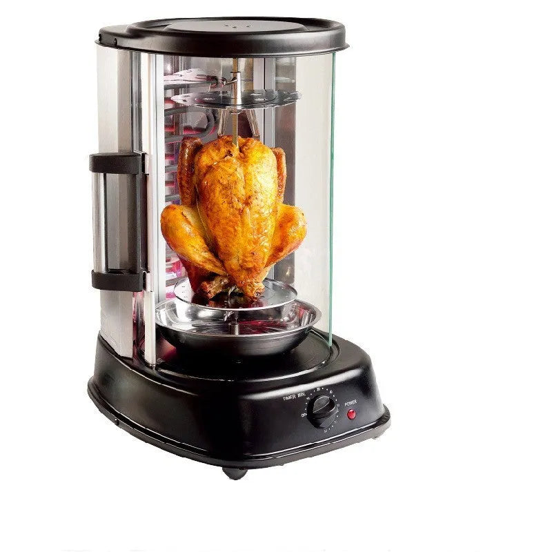 Black electric rotisserie oven with 21L capacity and 1500W power, showing whole chicken on spit