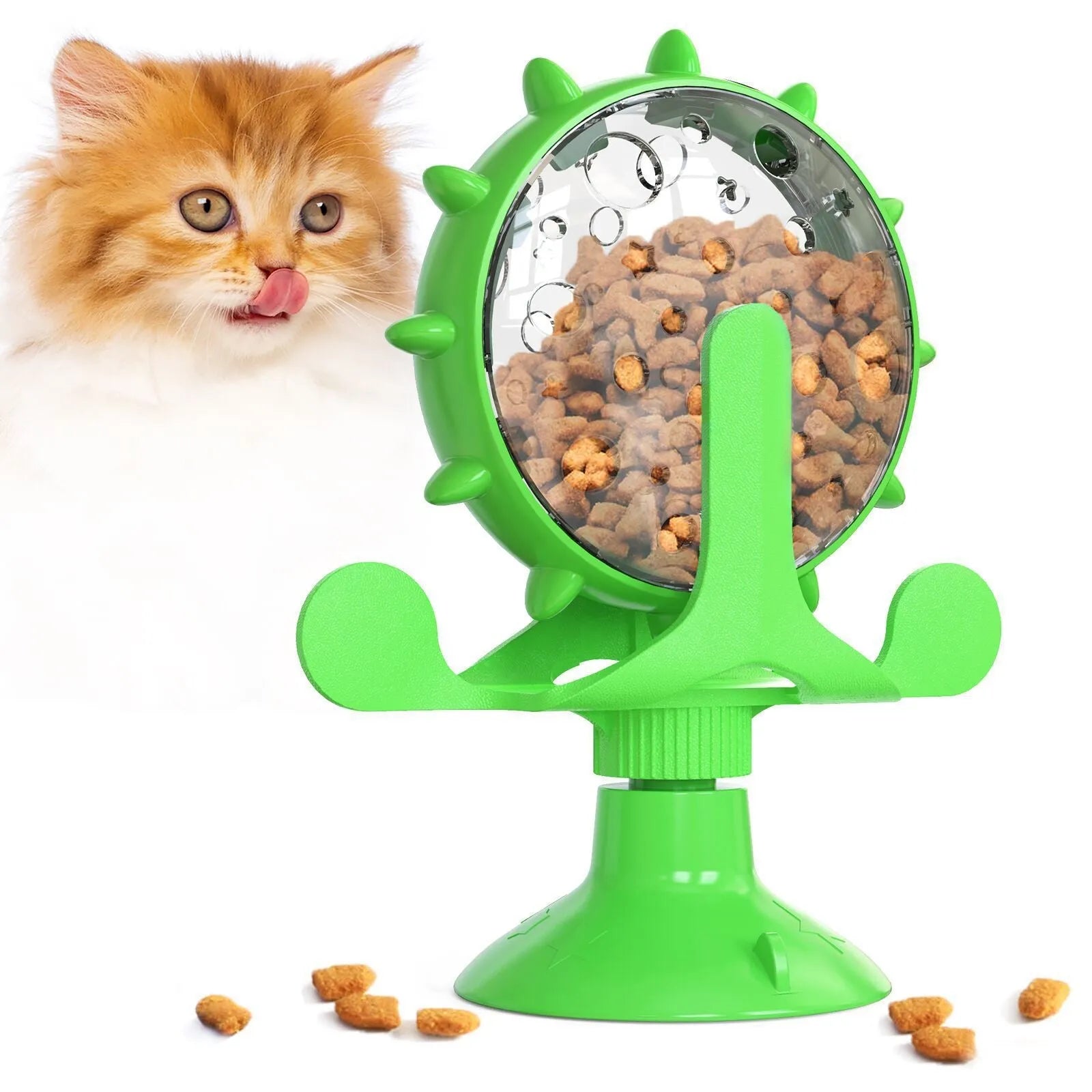 Interactive pet puzzle feeder with colourful spinner and suction cup base for cats and small dogs