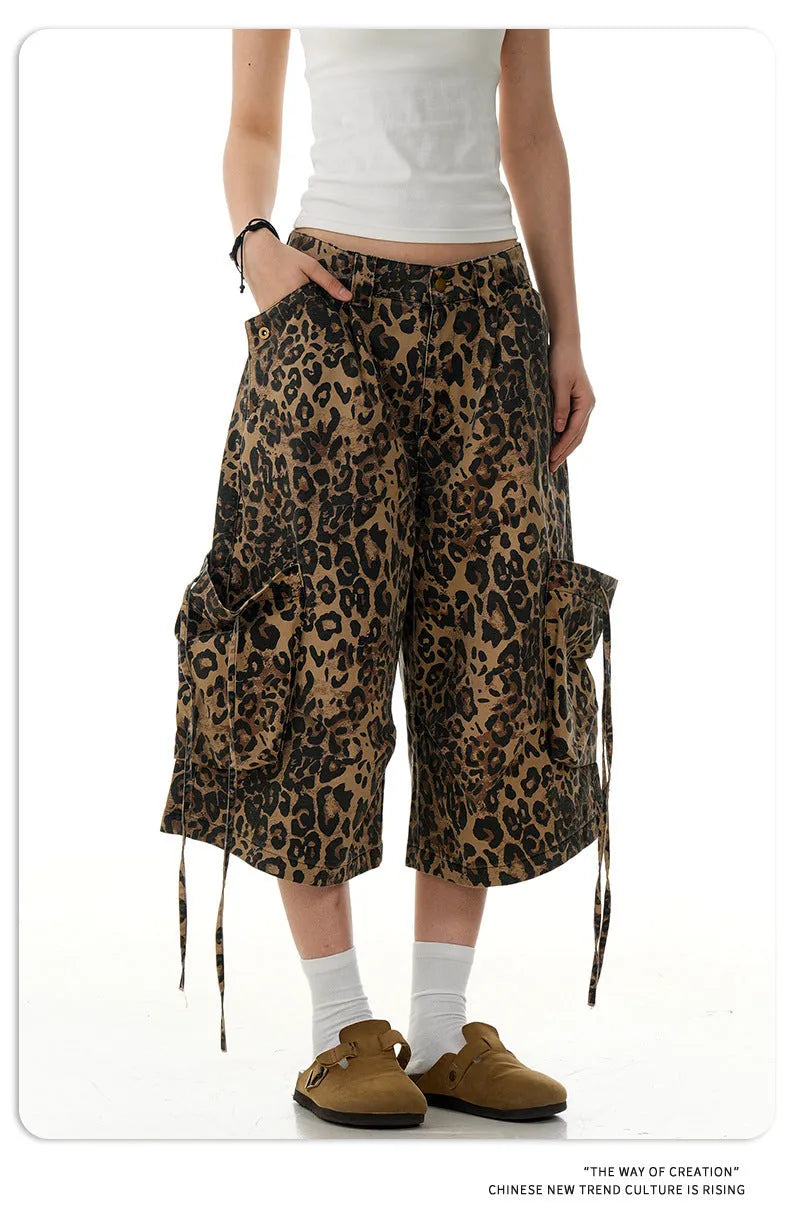 Women's leopard print cotton trousers with high waist and straight leg cropped design