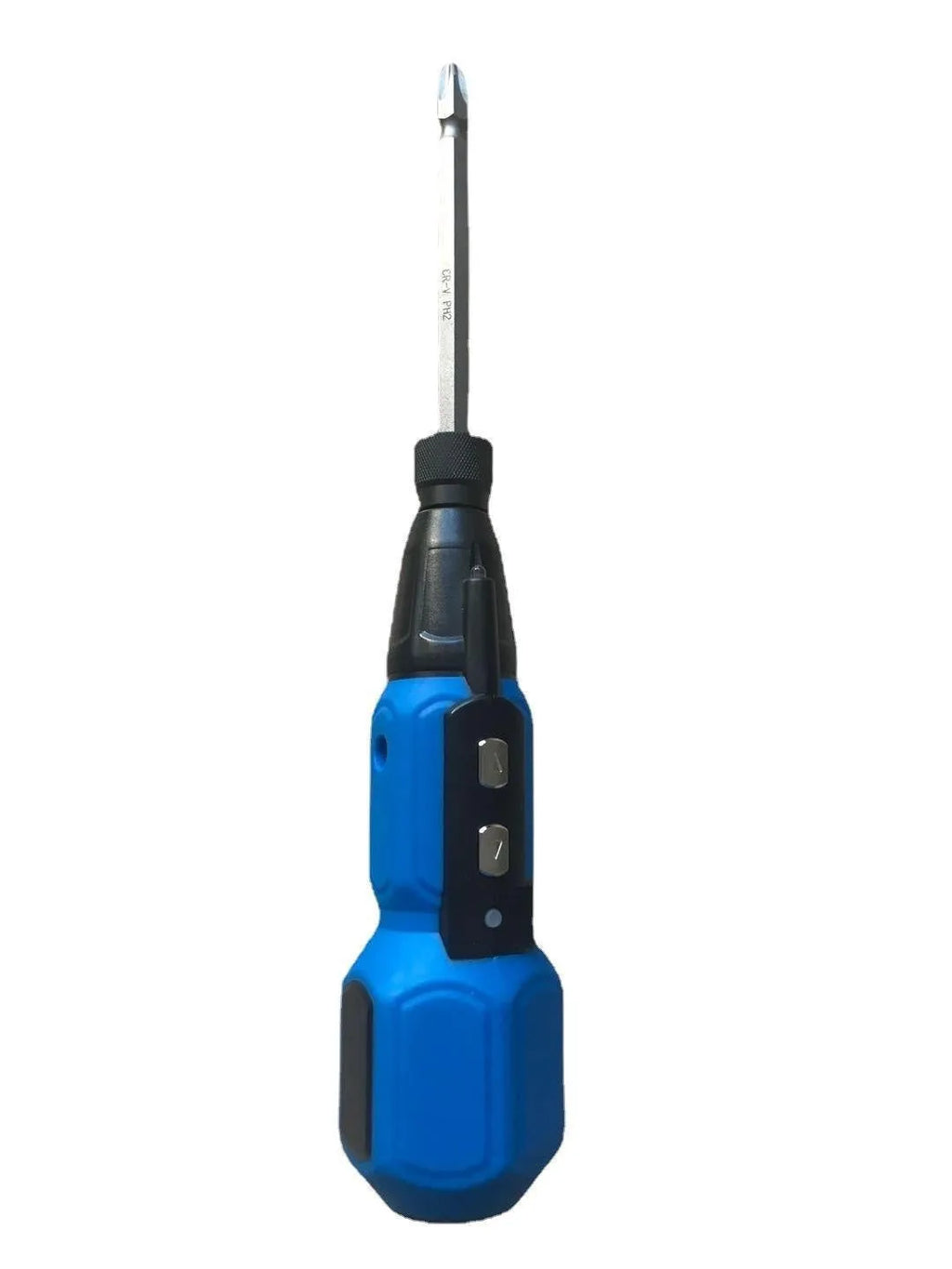 Black and blue alloy steel straight handle cordless electric screwdriver on a workbench.