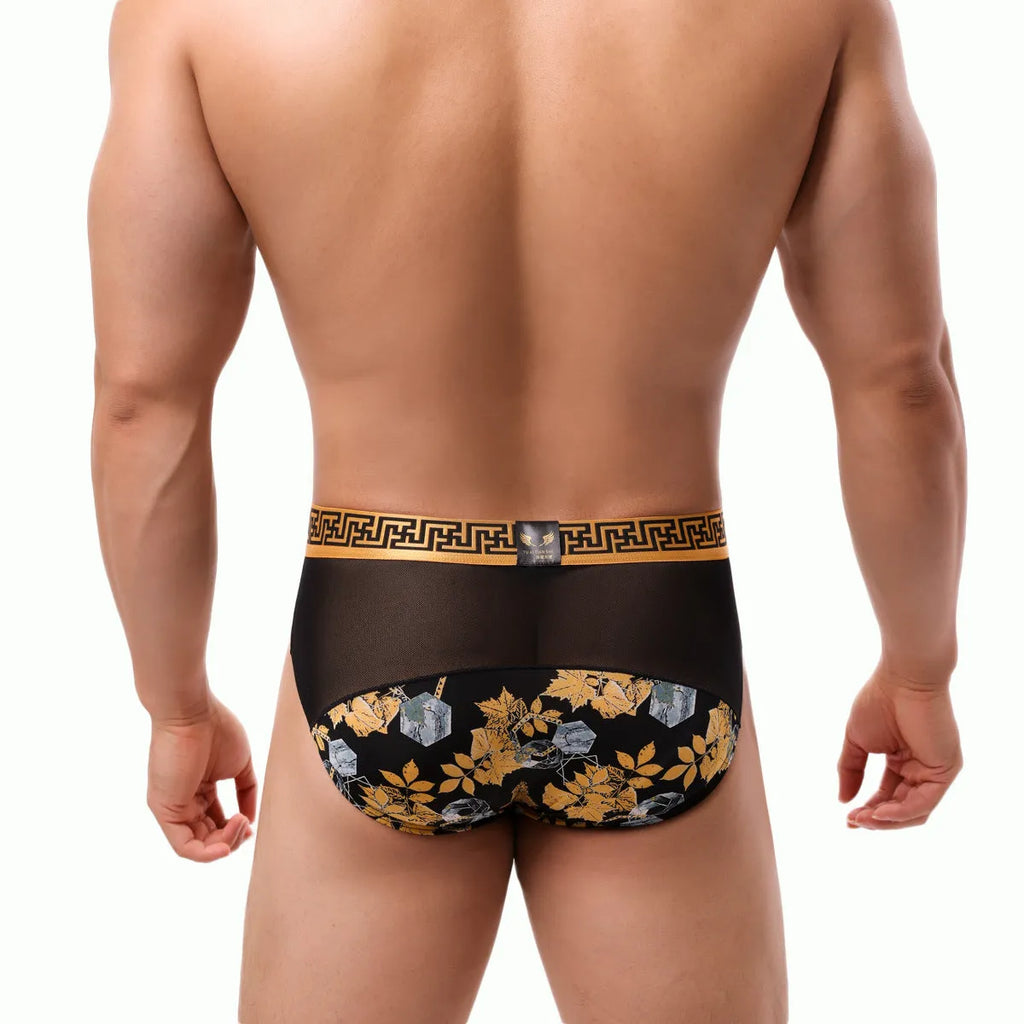 Men's nylon mesh mid waist briefs with floral print stitching, Timbo pattern