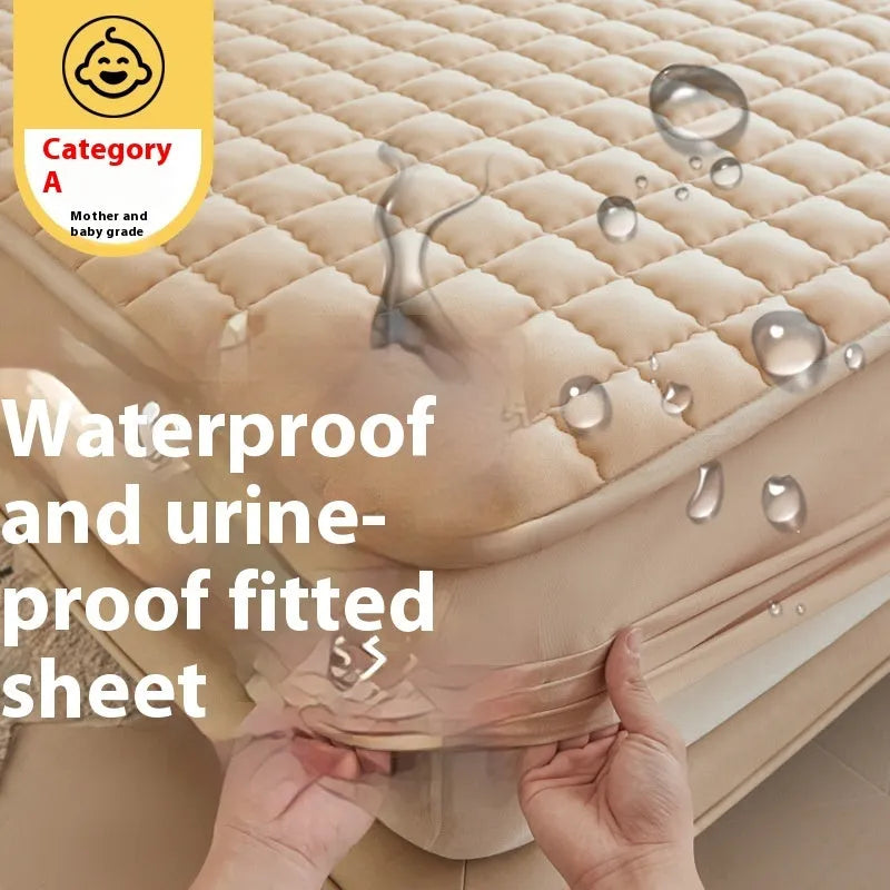 Washed cotton waterproof fitted sheet in light grey colour with elasticated corners on a mattress