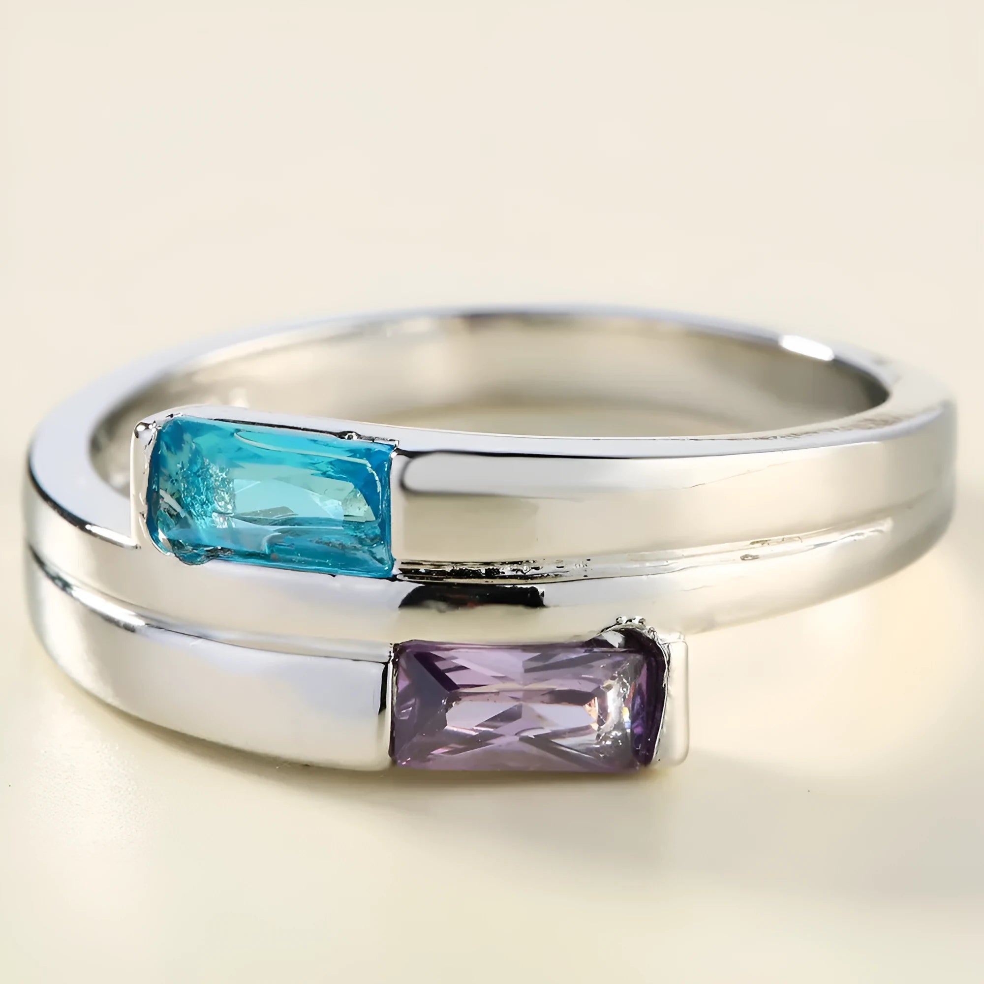 Copper electroplated zircon ring with silver colour finish showing contemporary European American jewellery design