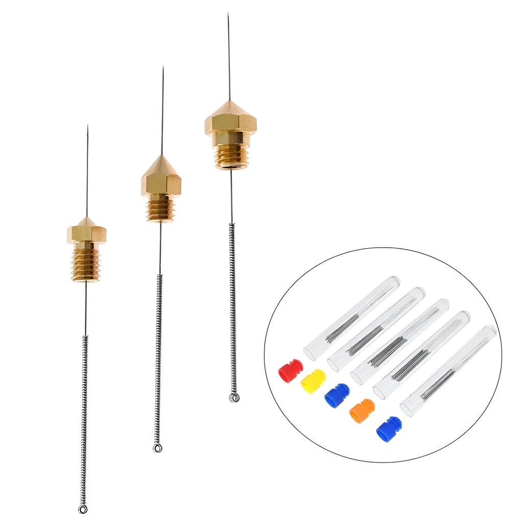 Ten metal cleaning needles for Mk8 E3D 3D printer nozzles, shown with different diameter size options