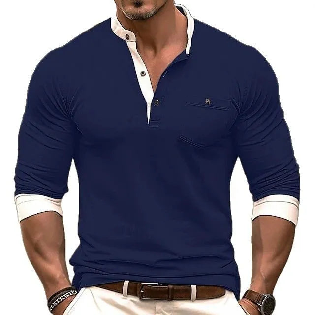 Men's solid colour long sleeve cotton t-shirt on a hanger, shown in multiple colour options