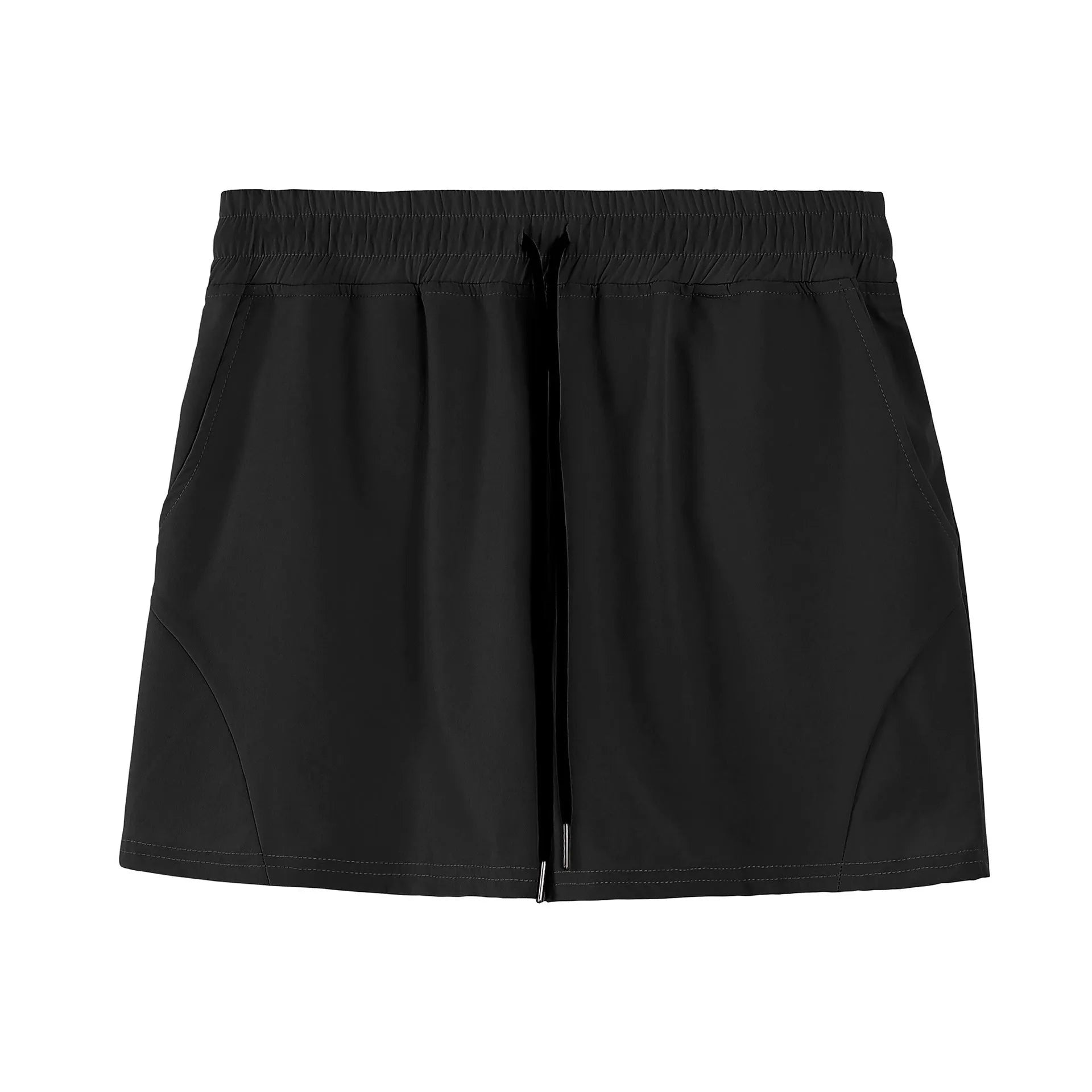 Men's thin grey polyester basketball shorts with an elastic waistband, shown in an athletic context.