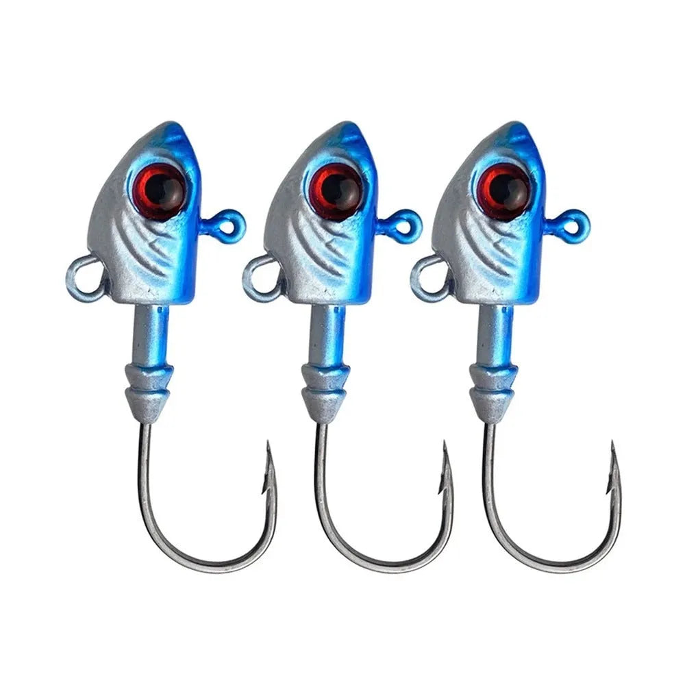 Yayu-shaped lead head fishing jig lure with barbed hook in blue, silver, and yellow colours.