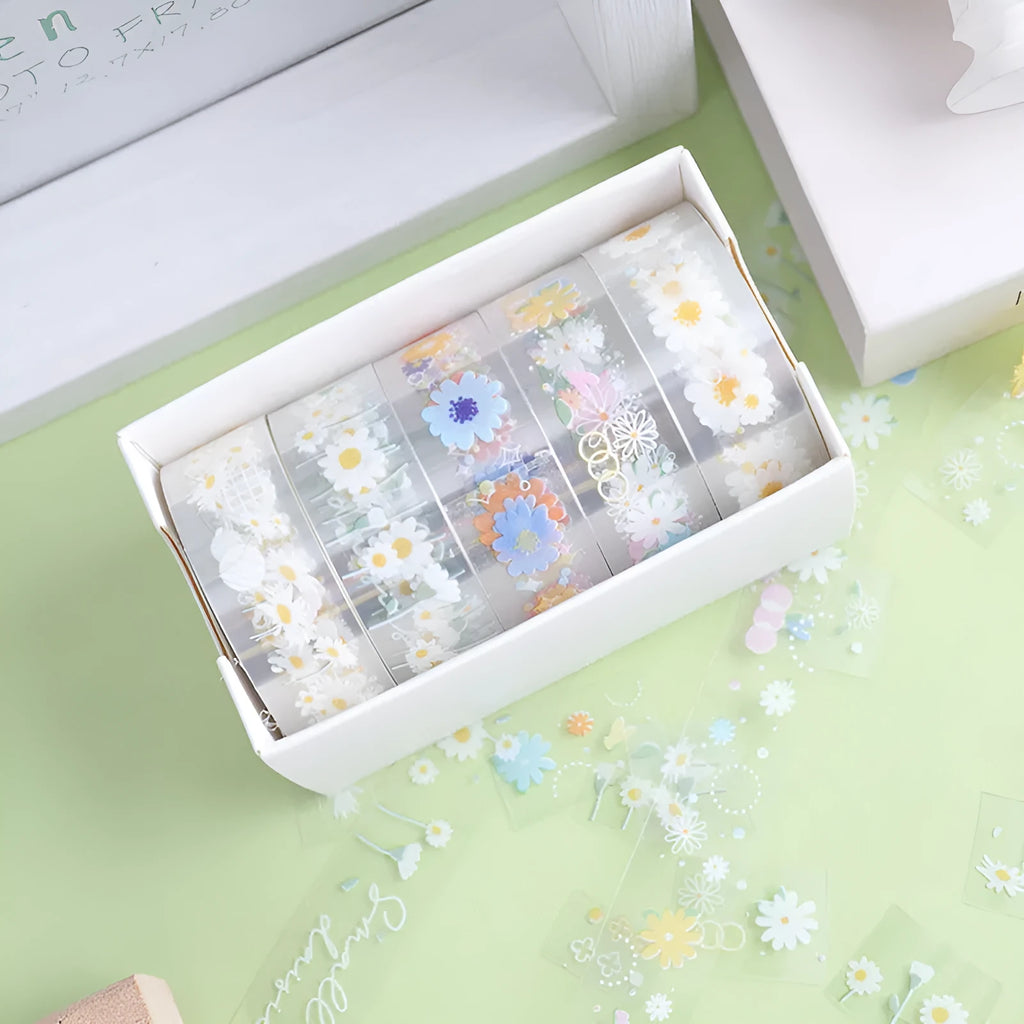 Transparent cartoon decorative adhesive tape rolls showing Midsummer Daisy colour design on clear PET backing