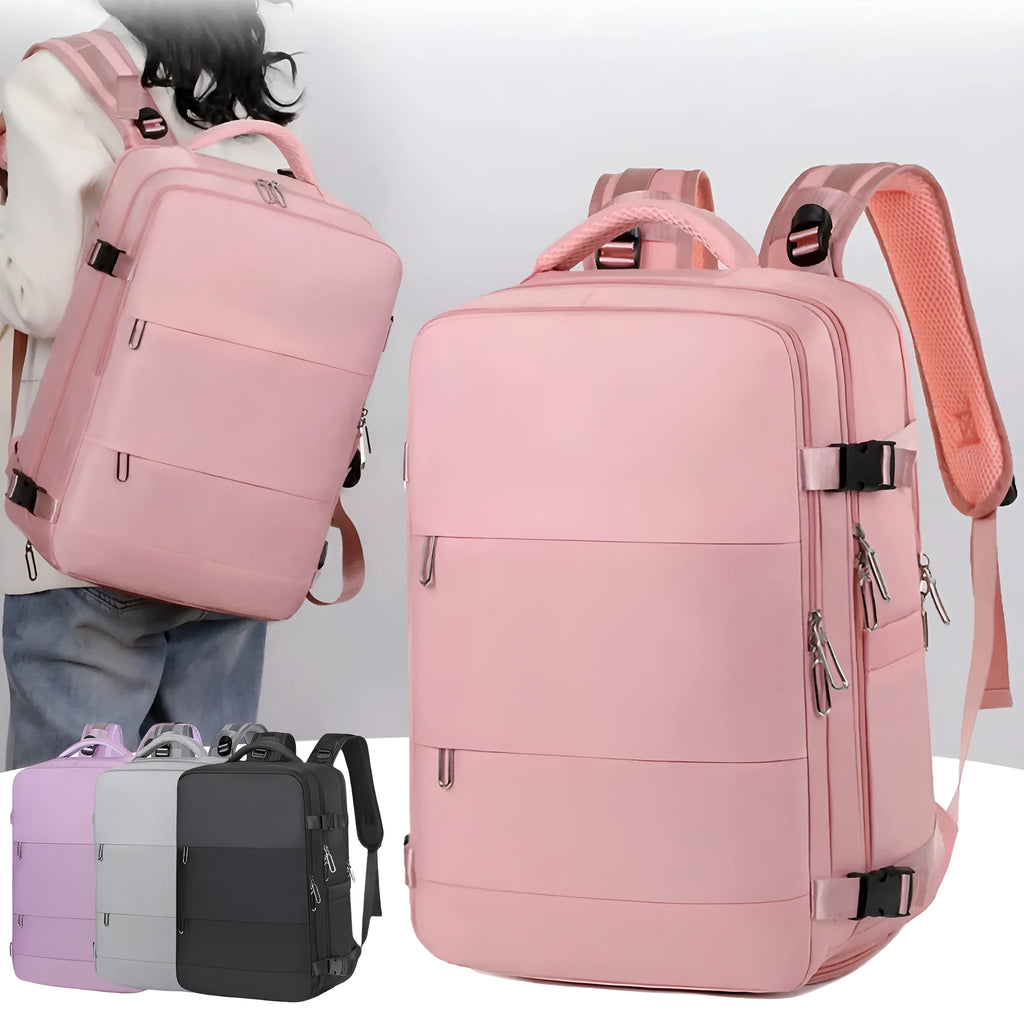 Large-capacity travel backpack in purple, grey, black, or pink with organised compartments and waterproof Oxford fabric