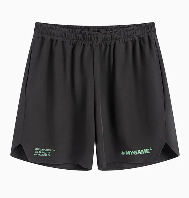 Men's grey fitness training shorts made from quick-drying polyester and spandex fabric.