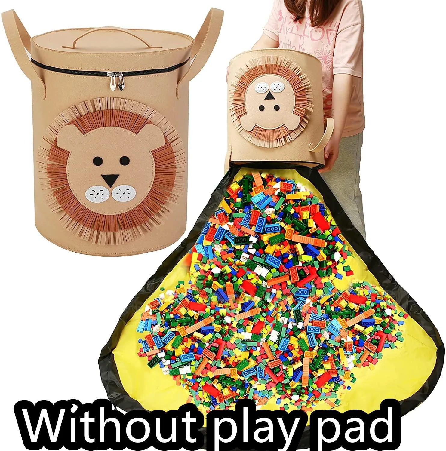 Green felt cube storage bag open as play mat with pull rope closure for children's toys