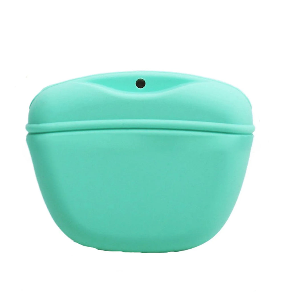 Coloured silicone dog treat bag with clip and magnetic opening, shown with dog training treats.