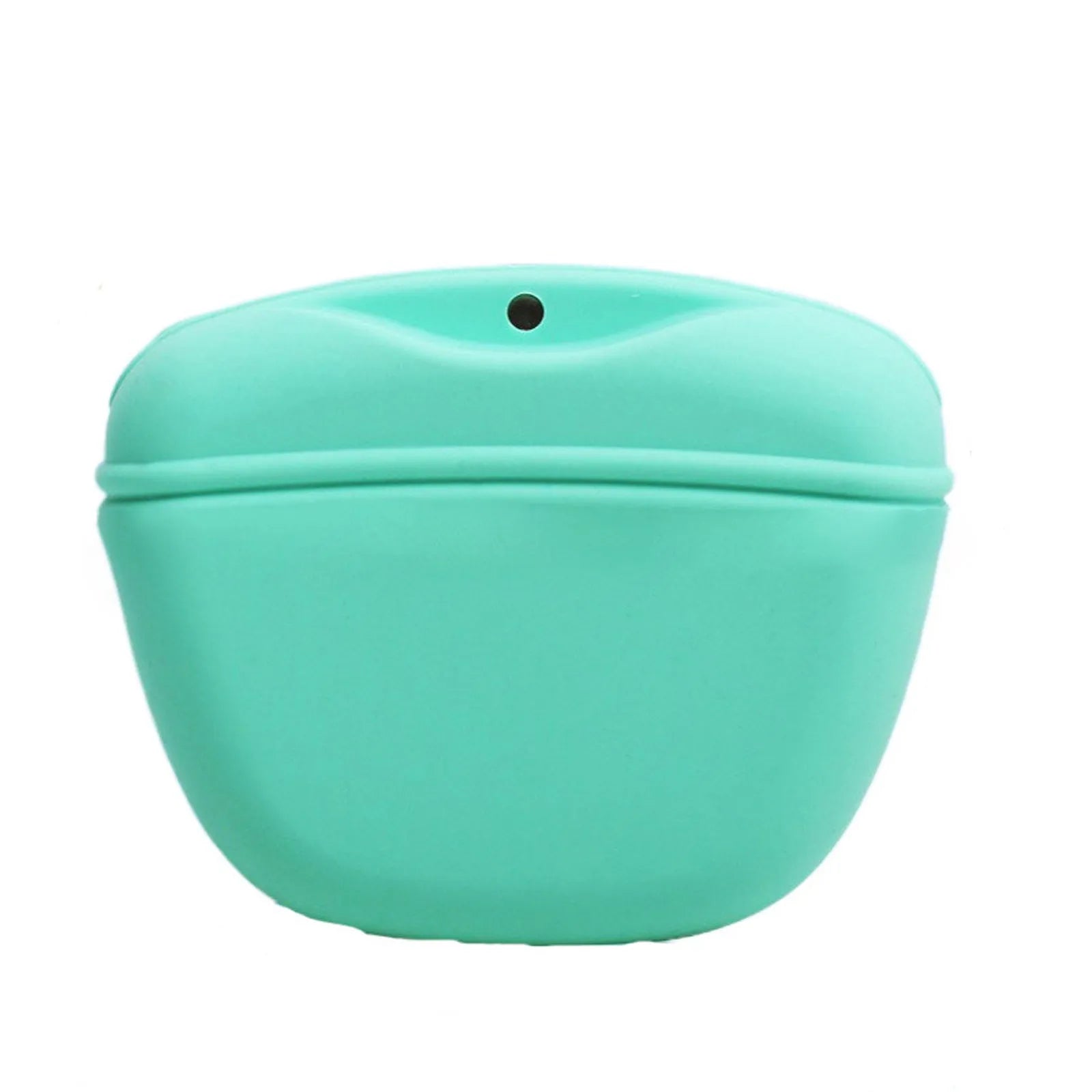 Coloured silicone dog treat bag with clip and magnetic opening, shown with dog training treats.