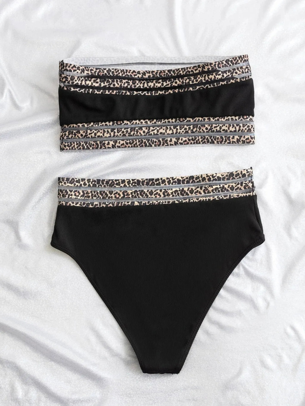 Black strapless swimsuit set with leopard print splicing detail on briefs