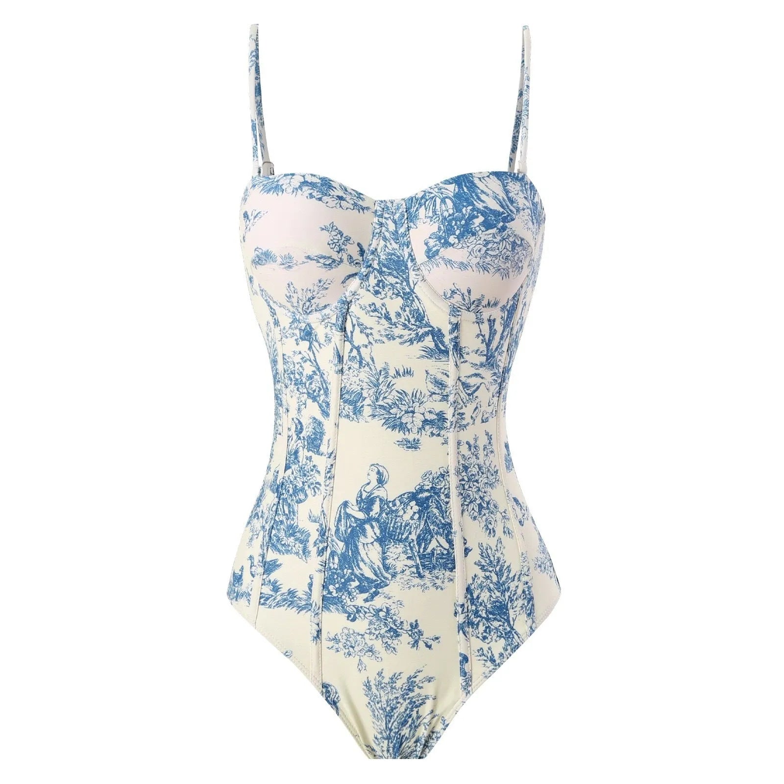Blue patterned women's one-piece swimsuit with matching gauze skirt on size chart