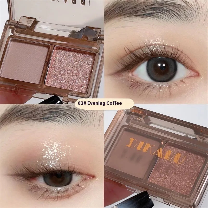 Dikalu two-tone eye shadow plate showing pink and black matte and shimmer shades in compact