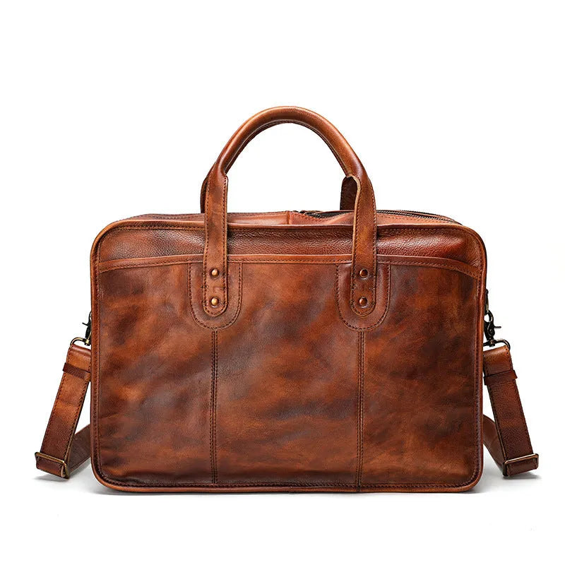 Men's vintage leather briefcase in horizontal square design with multiple internal compartments