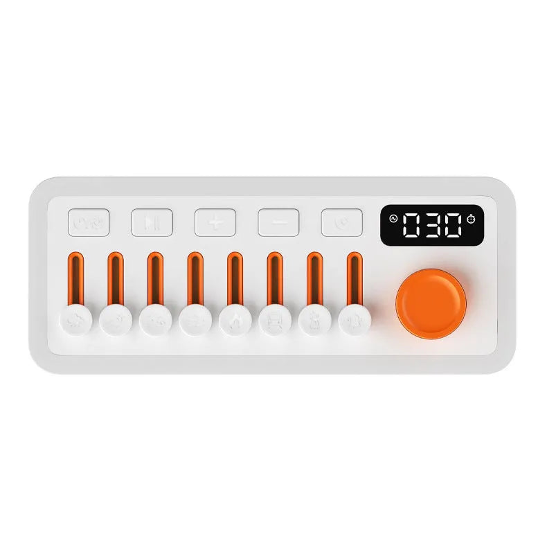 White DIY smart sleep speaker RGB colour small night lamp with alarm and call functions on a bedside table