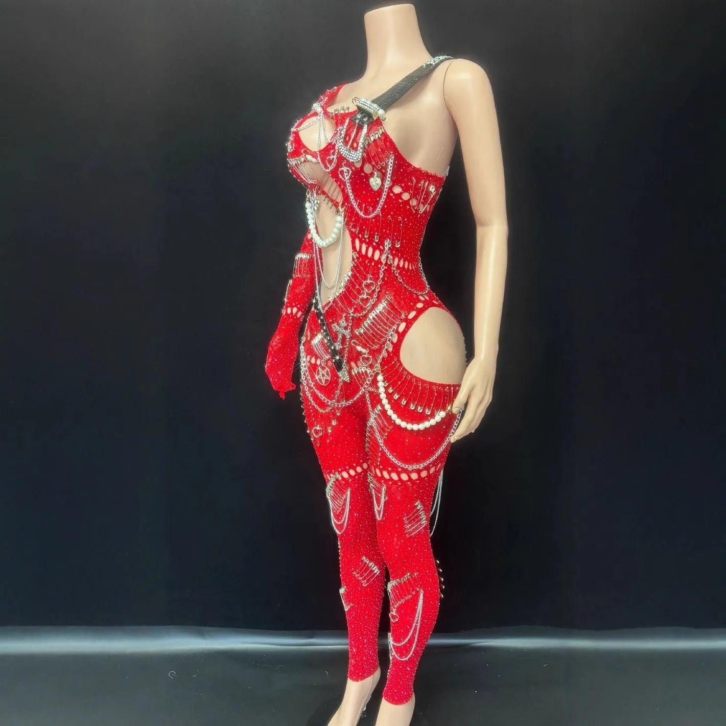 Women's cutout pearl chain sequin jumpsuit in spandex, long sleeve cropped pants, red colour